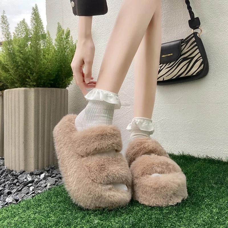 

Furry Platform Slippers Women's Shoes Sandals Plush Slippers Women's Autumn and Winter Outer Wear Thick Bottom Home Cute Slipper