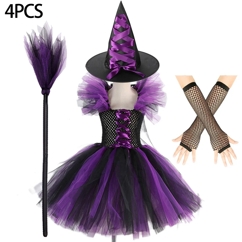 thumbnail image 1 of Disfraz de bruja morada para niñas, vestido de malla con cola, disfraz de Maléfica de lujo para niñas, fiesta de Halloween, ropa de cosplay de Disney para niños de 2 a 12 años, 1 of 5