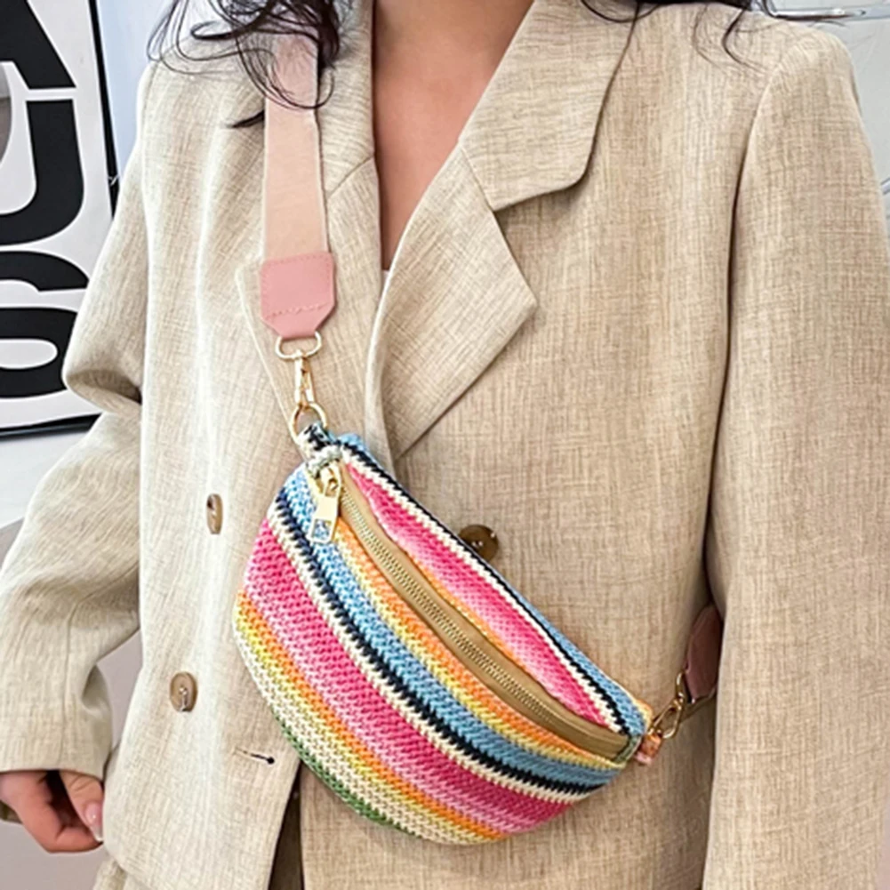 Rainbow Striped Fanny Pack Bum Bag Fashion Female Sling Waist Pack Casual Adjustable Strap Simple Portable for Weekend Vacation