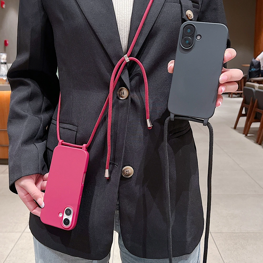 Matte Silicone Crossbody Phone Case with Necklace Strap - Candy Soft Shockproof Cover