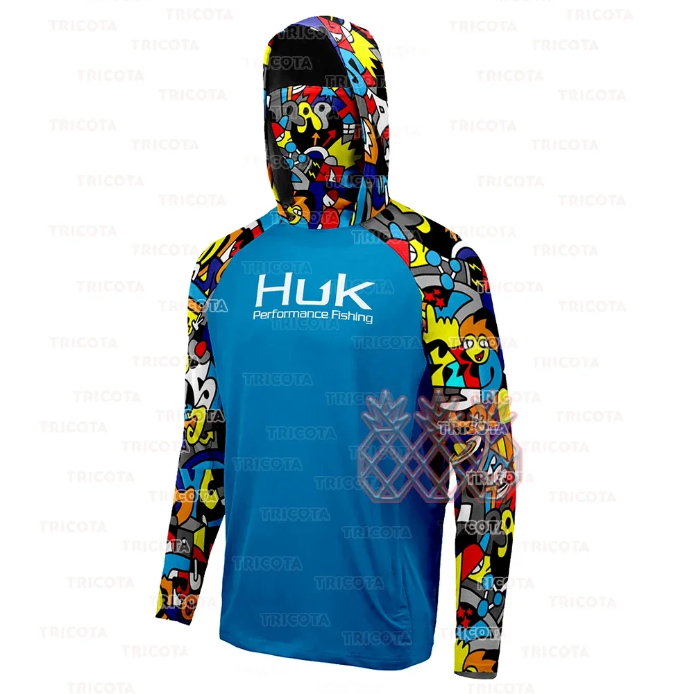 Fishing Shirt HUK Men Fishing Hoodie Cartoon Shirts Neck Mask Long Sleeve Quick Dry Fishing Apparel Cap Breathable UV Protection Angling Tops