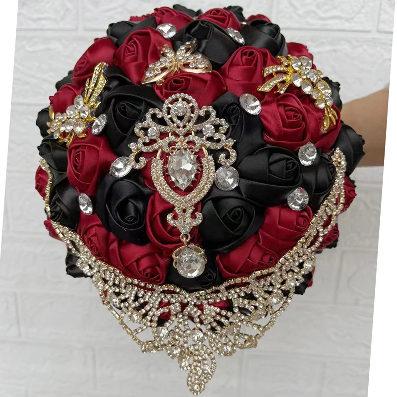 Luxury Bride Diamond Brooch Bouquets Crystal Wedding Flowers Ribbon Artificial Rose Sisters Bouquet Promotion |