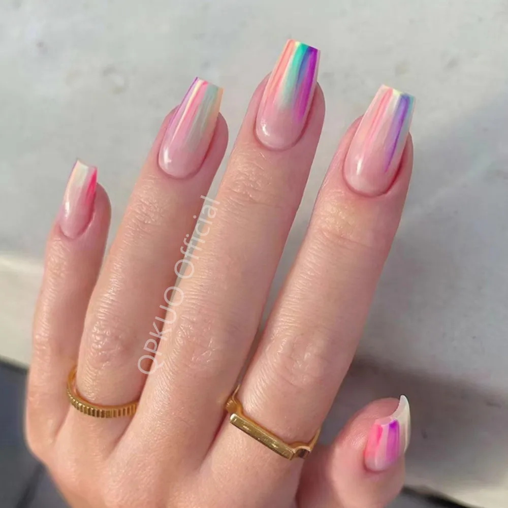 

24Pcs Reusable French Faux Ongles Press On Fake Nail With Adhesive Rainbow Ballerina Coffin False Nail DIY Beauty Fingertips