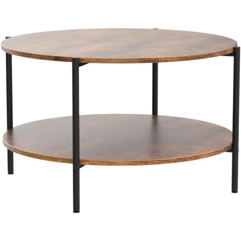 Round Coffee Table, 32.6" Small Coffee Table with Open Storage Shelf, 2-Tier Industrial Circle Wood Center Table 4