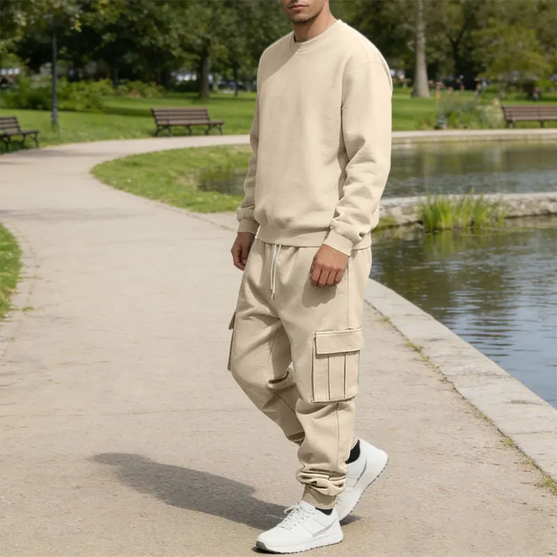 Herren Fleece Rundhals-Sweatshirt-Set Locker Lässiges Langarm-Zweiteiler-Set Herbst Winter Bequemes Sweatshirt Cargo-Hose – Detail 26