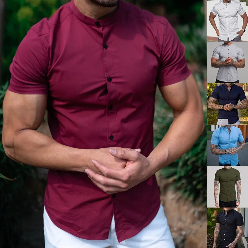

Solid Color Stand-up Collar Shirt Men's Printed Short-sleeved Summer Shirts