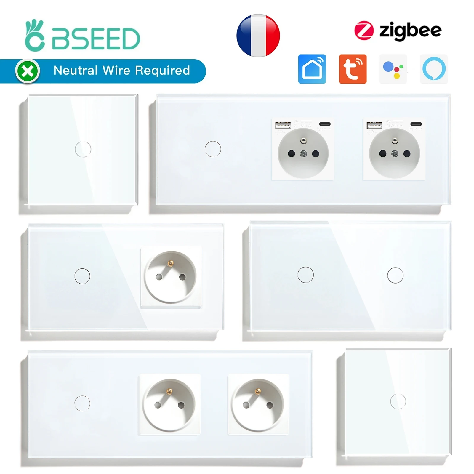 Interruptores Bseed-zigbee Touch Tuya Smart Life Controle Alexa App Tomadas de Parede Francesas Portas de Carregamento Usb tipo c Gang Gang 3gang