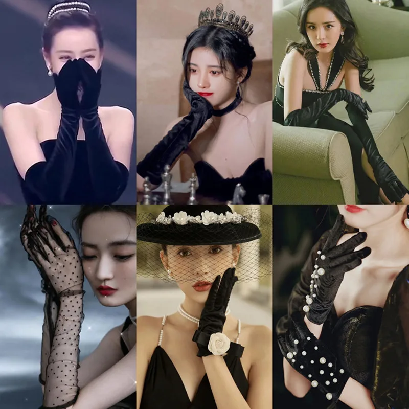 

Evening Bridal Vintage Luxury Velvet Black Female Dinner Dress Gloves Winter Full Finger Elastic Warm Driving Gloves wholesale