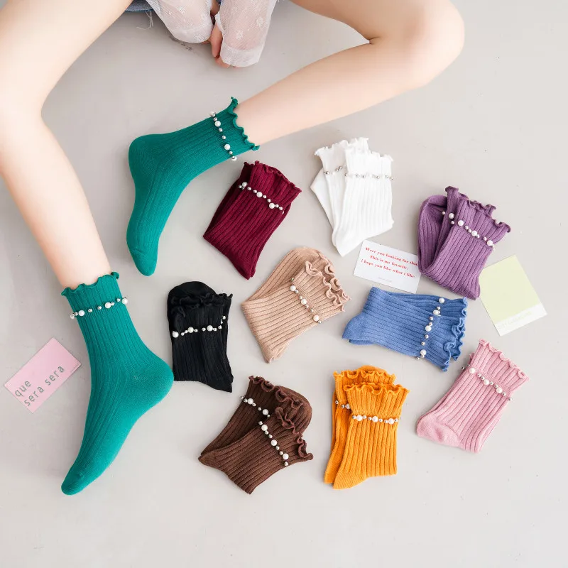 

Japanese cotton socks, student pearl tube women's socks, comfortable and breathable lace pile socks