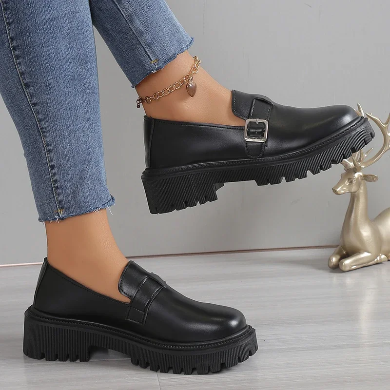 Fashion Buckle Patent Leather Loafers Women Spring Platform Gothic Shoes Woman Casual Non-Slip Flats Shoes Ladies