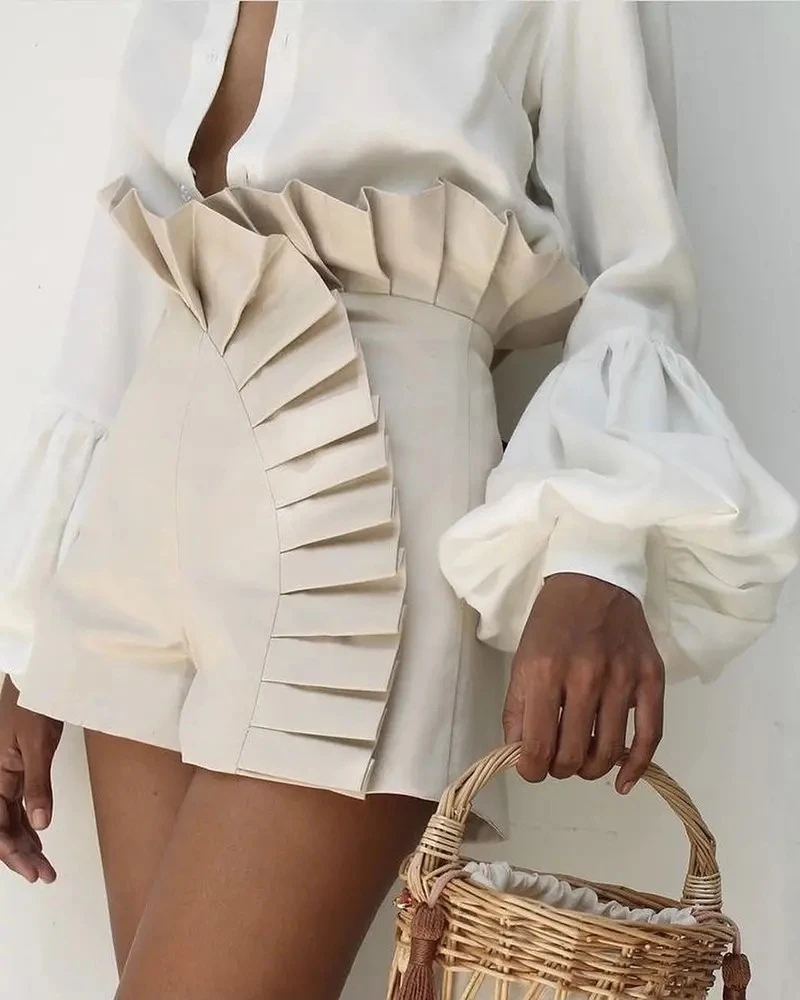 Elegant Ruffles Summer Shorts Women Pleated High Waist Fashion Casual Pants Female Sexy Bottom Office Lady Clothing Outfits