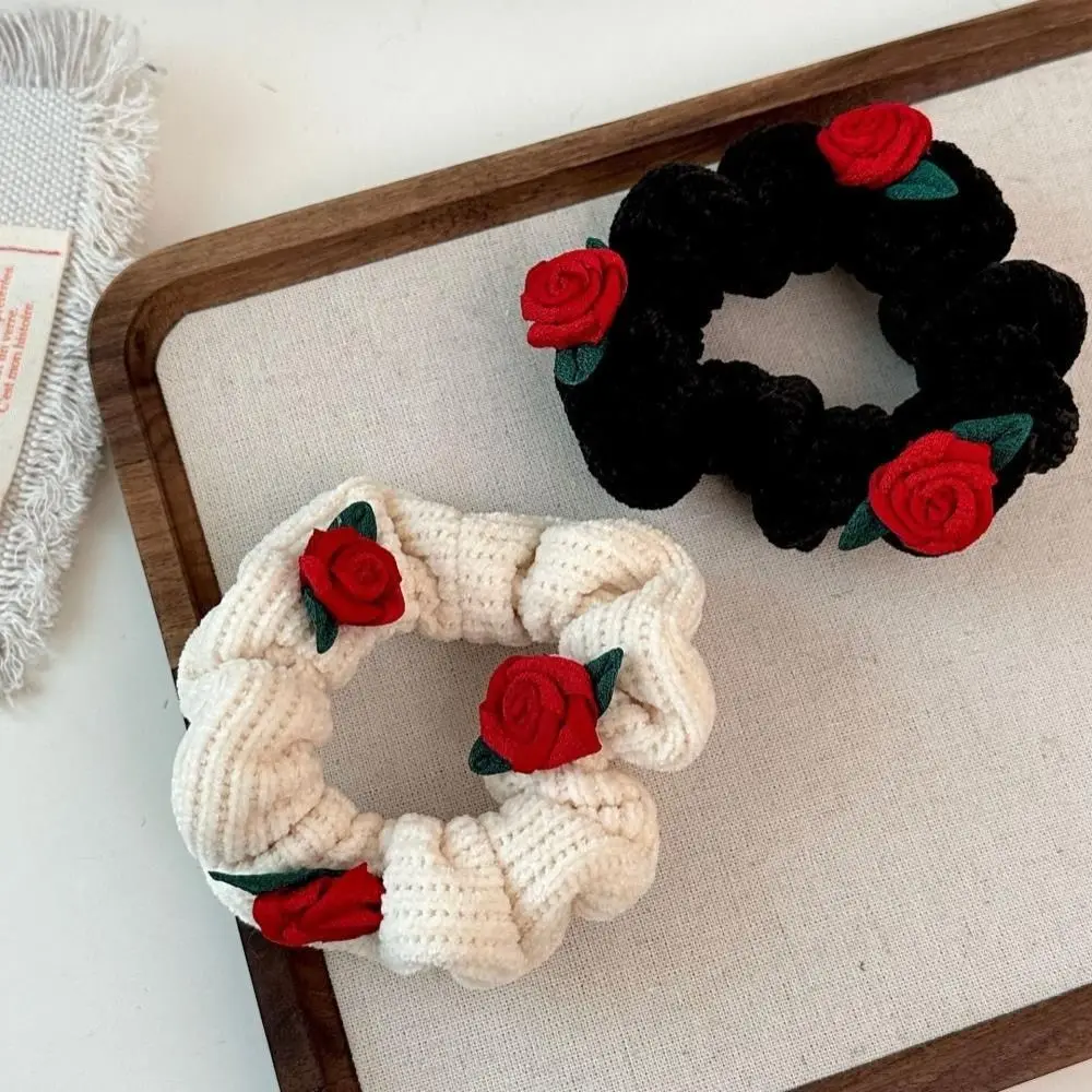 Vintage Rose Flower Knitted Woolen Hair Scrunchies Hair Rope Large Intestine Hairband Simple Hair Ring Headwear Hair Accessories