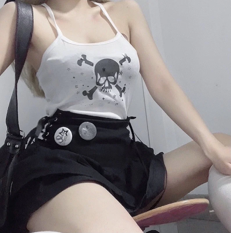 2022 Summer New White Cute Skull Vest Sleeveless Gothic Sexy Crop Top T Shirt Emo Girls Party Retro Aesthetic Casual T Shirt Y2K