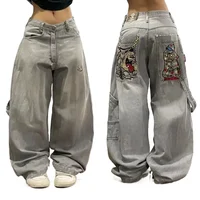 American Hip Hop Retro Gothic Print Jeans Women Y2K New Street Selling Fashion Loose Straight Wide Leg Pants Unisex Joker Jeans 1