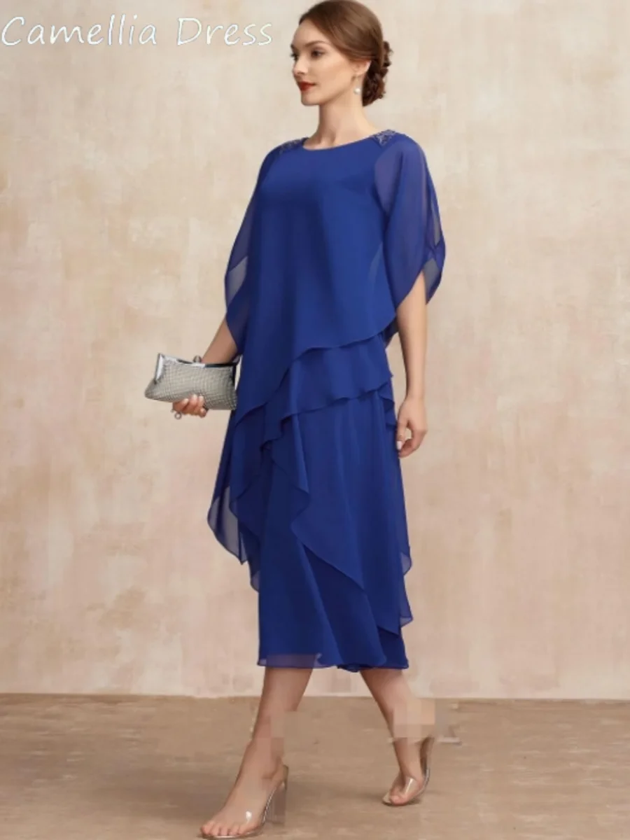 Elegant Mother of the Bride Dresses Zipper Beaded Tea Length Chiffon Party Dresses Back Simple O Neck