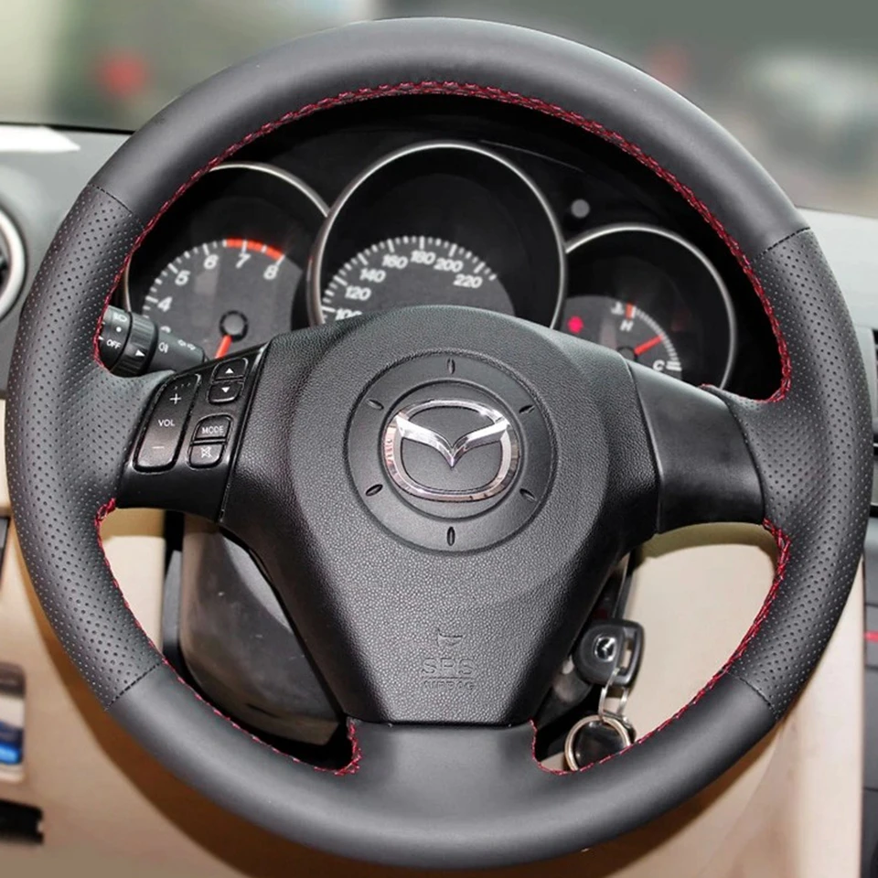 Auto-Lenkradbezug für Old Mazda 3 2003–2009, Mazda 6 2002–2006, Mazda 5, handgenäht, schwarz, weiches Mikrofaser-Leder – Detail 1