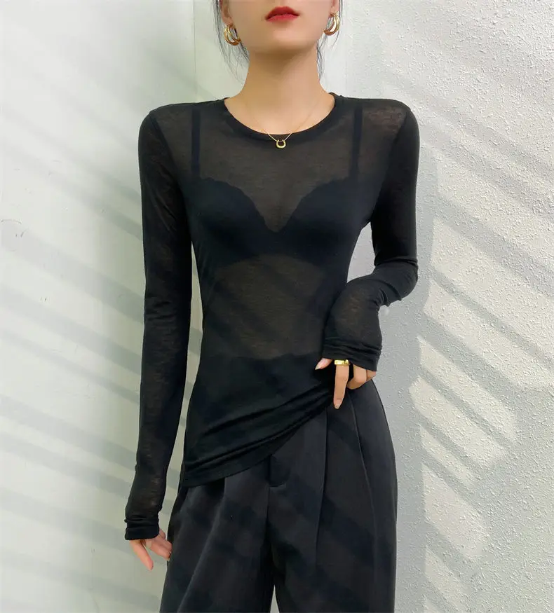 2026 Sexy Shirt Damen T-Shirt Koreanischer Stil Slim Basic Elastizität T-Shirt Top Damenbekleidung T-Shirt Dünnes T-Shirt durchsichtig – Detail 3