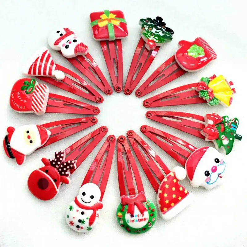 Women Girls Cartoon Christmas Style Snap Hairpins Snowman BB Hair Clips Santa Claus Metal Snap Barrettes Randomly Send