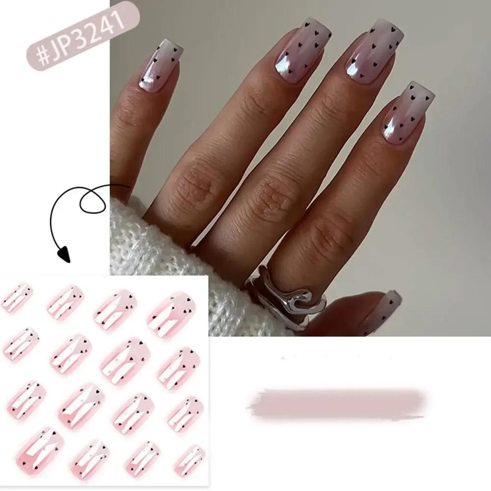 Fashion Long Ballerina and Square False Nails Black Love Heart French Fake Nails Gold Red Edge Full Cover Nail Tips DIY