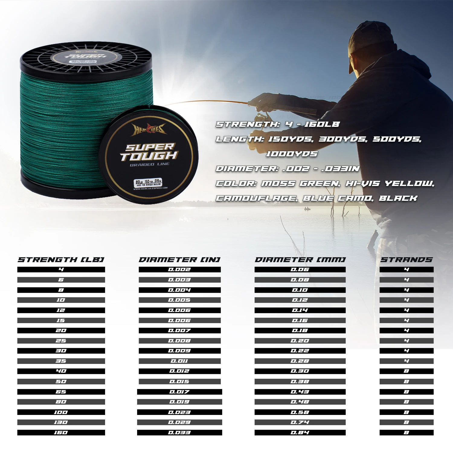 HERCULES 카모 그린 위브 PE 꼰 낚싯줄, 멀티 필라멘트 라인, 슈퍼 터프, 150, 300, 500YDS, 4 가닥, 8 가닥, 10-160LB