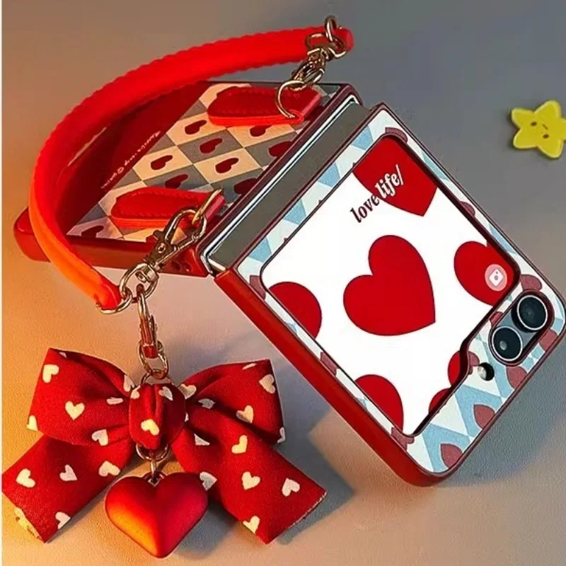 Retro Heart Case with Lovely Bow Wrist Strap - Luxury PU Leather Phone Cover