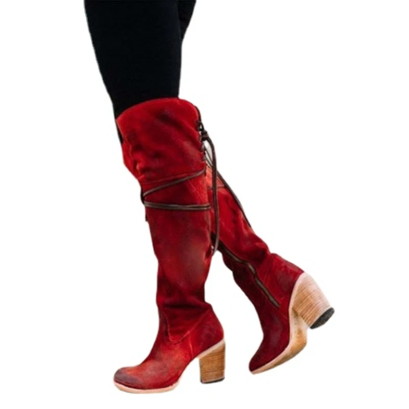 Europe America 2023 Winter Round Head Side Zip Chunky Heel High Boots Warm Botas Retro Knee Boots Big Size Shoes for Women