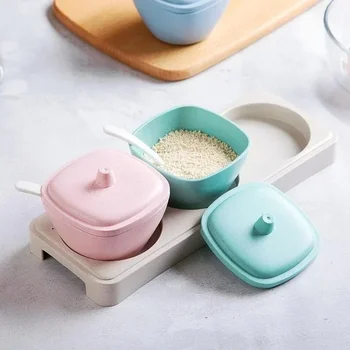 New Wheat Straw Seasoning Box Plastic Spice Jar Kitchen Salt Condiment Cruet Storage Box Containers
