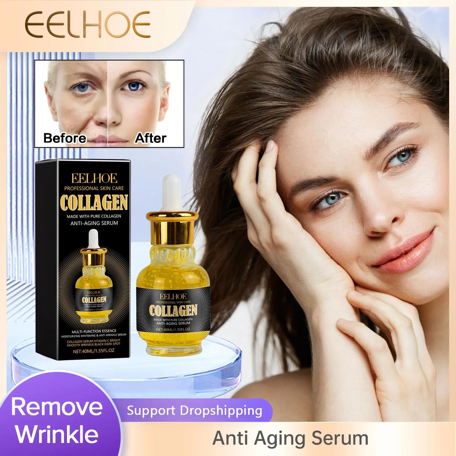 EELHOE Anti Aging Face Serum Removes Facial Wrinkles Forehead Anti-Sagging Repair Skin Care Hyaluronic Acid Moisturizing Essence skin care products collagen eye mask removes dark circles bags under the eyes resists wrinkles anti aging beauty eye 5pcs