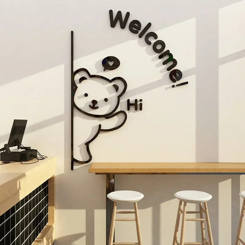 Hello Welcome Acrylic Mirror Wall 3D Cartoon Bear Wall Stickers Cartoon Cat Stickers Home Shops Cafes Door Window Decorations