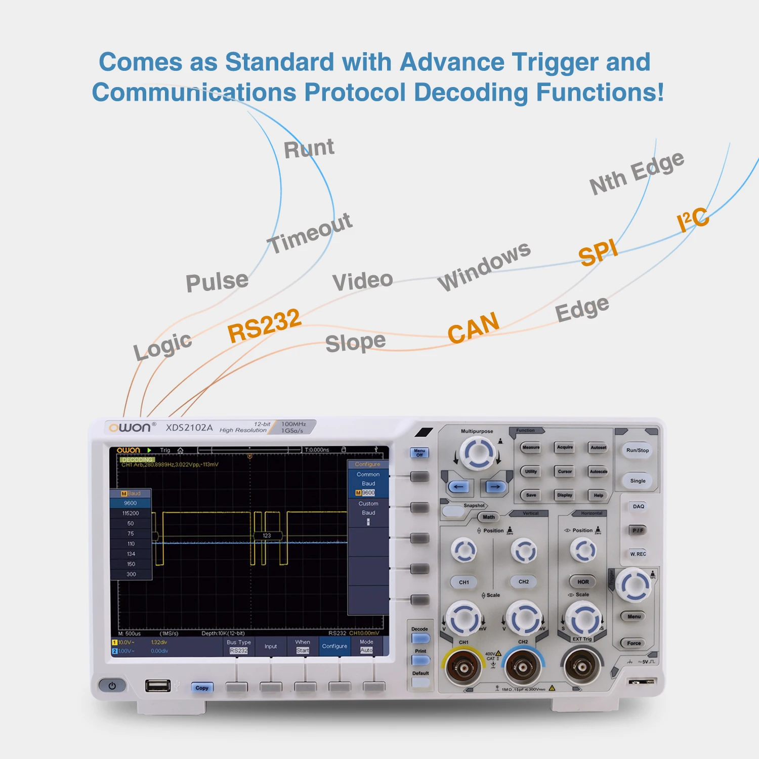 OWON XDS2102A Digital Oscilloscope 100MHz 1GS/s 2 Channels+1External 20M Record Length 12-bit High Resolution ADC and 8 inch LCD 3