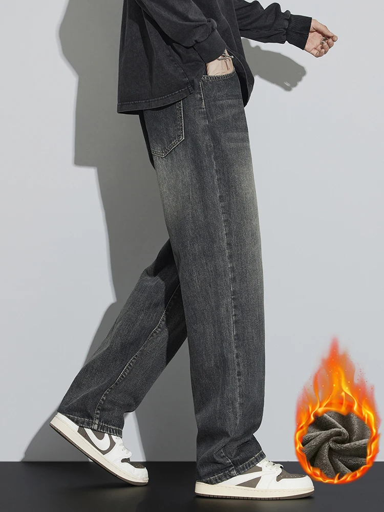 Winter New Men's Fleece Jeans Thickened Warm Fashion Korean Wide Leg Pants Baggy Straight Vintage Male Velvet Denim Trousers 3