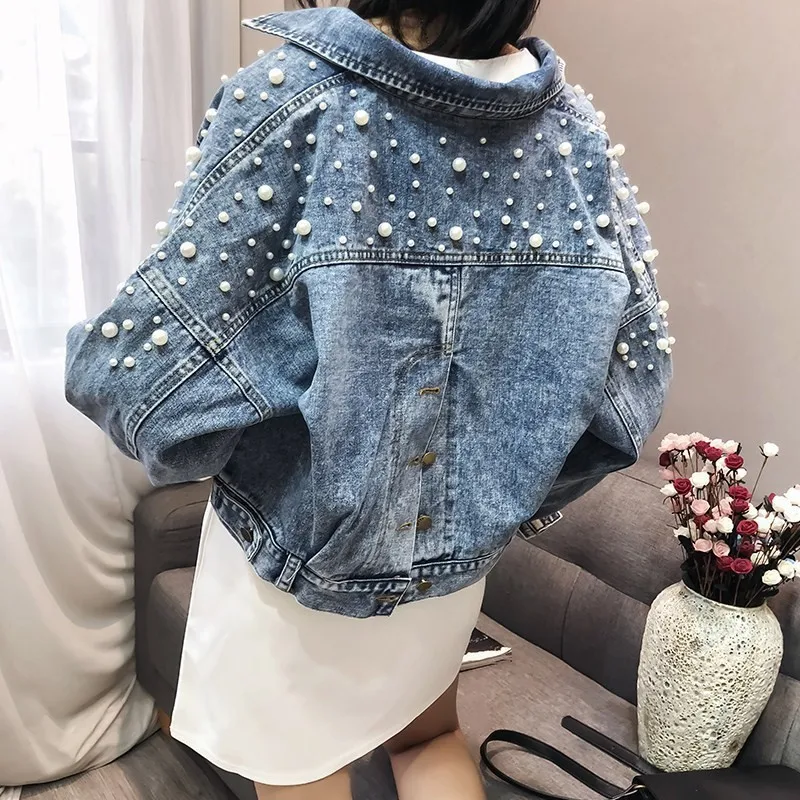 

Korean Style Women Shorts Denim Jacket Fashion Bead Loose Feamle Outerwear Coat