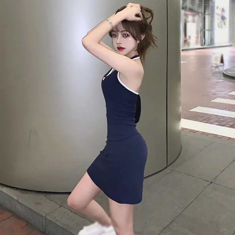 

Summer Women's Halter Dress Contrast Color Slit Dress Sleeveless Sexy Slim Fit Hip Wrap Tight-fitting Hot Girl Streetwear