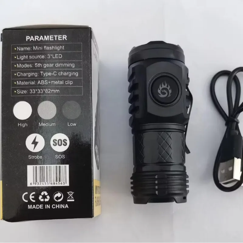 Mini flashlight Tactical Torch Super Bright 3 LED Flashlight Type-C Rechargeable Camping Light ABS with Metal Clip Hiking Lamp led flashlight,mini flashlight,led flashlights,camping light,mini led flashlight,led torch light
