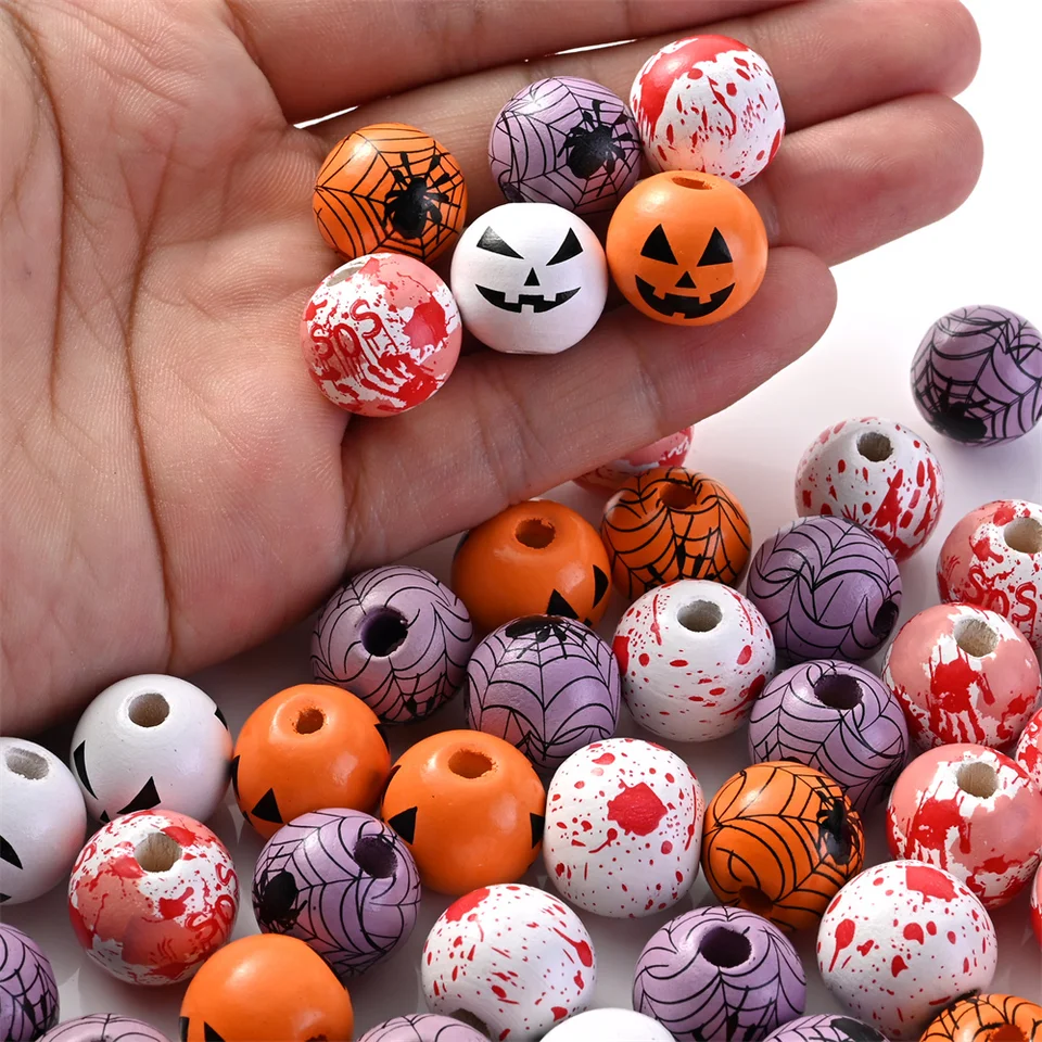 Perles Rondes En Bois Naturel, Citrouille D'Halloween, 15mm, Pour Bijoux, DIY, Bracelet, Collier, Décorations, 10 Pièces