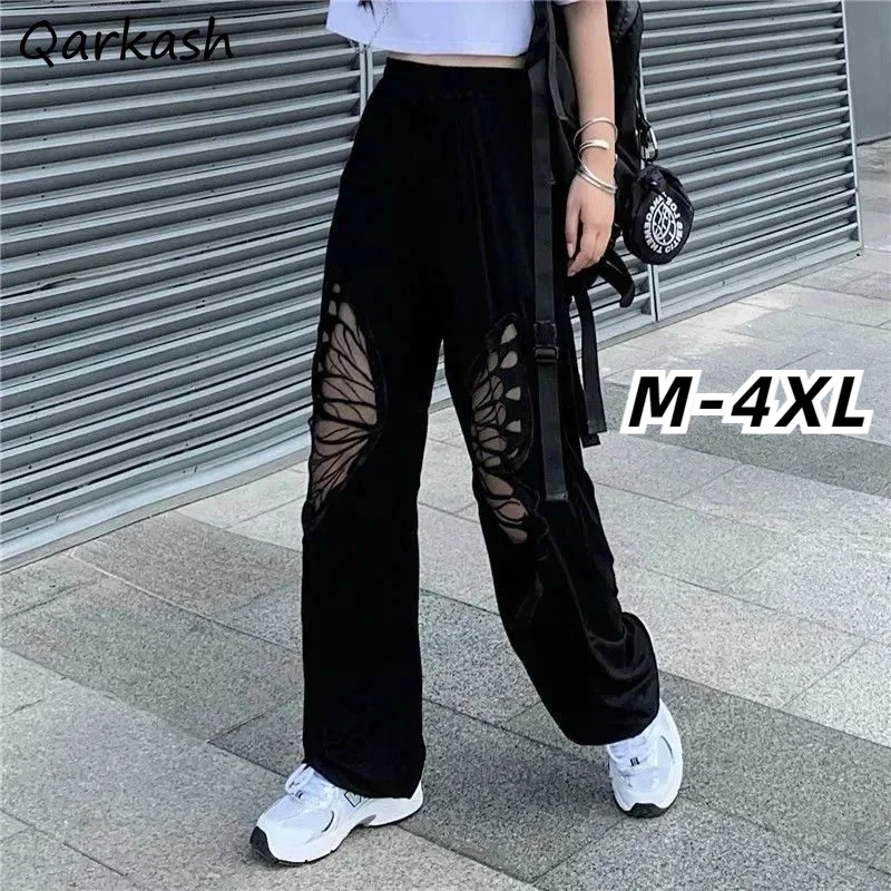 

Casual Pants Women Hollow Out Design Streetwear Elastic Waist Fashion Autumn Solid Empire All-match Loose Ins Trousers Simple