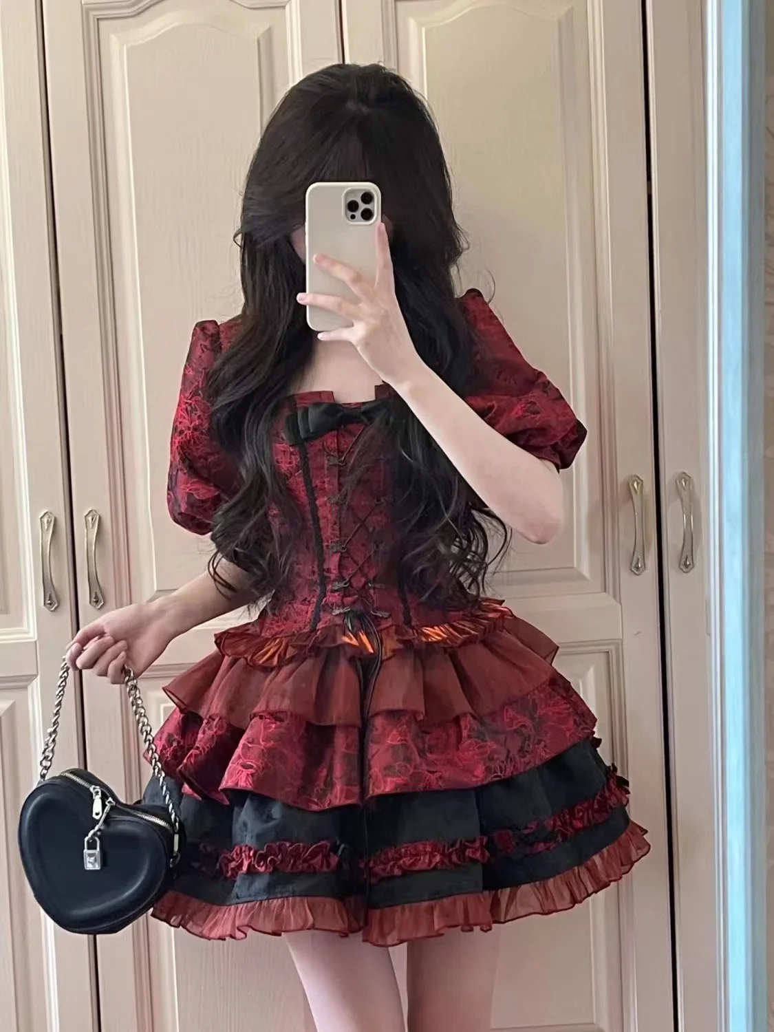 Women's Victorian Gothic Lolita Lace Bow Slim Bandage Princess Dress Japanese Harajuku Punk Style Evening Party Red Dresses