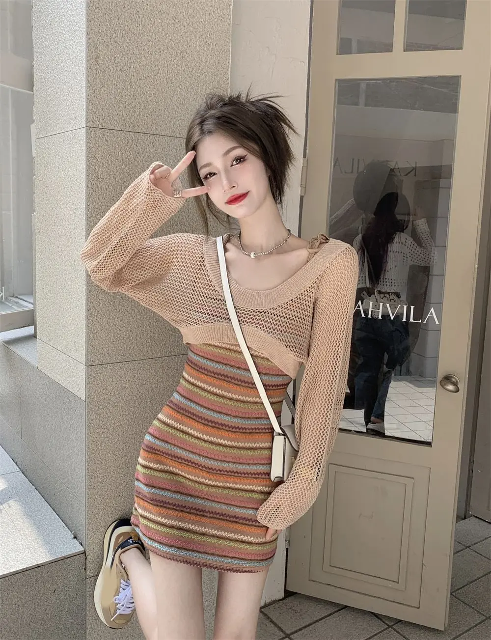 Y2K Women Dress Sexy 2 Piece Sets Strap Vintage Dresses Long Sleeve Tops Blouse Female Outfits High Quality New Spring Summer