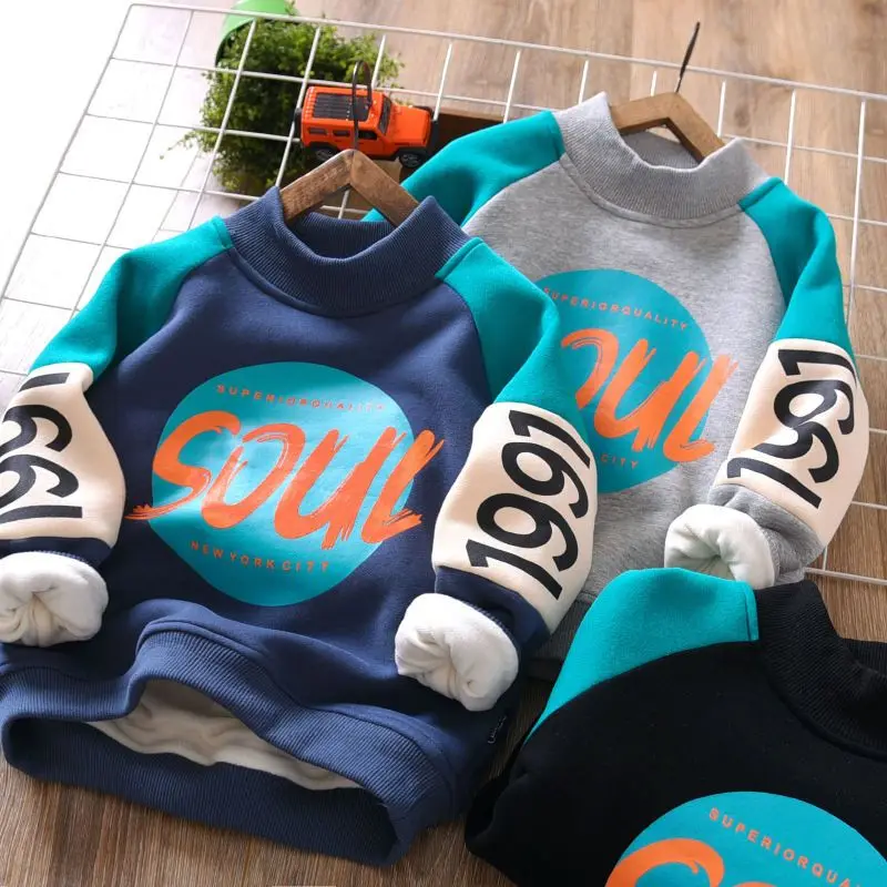 

Boys' Fleece-Lined Sweater Winter Half Turtleneck 2022 New Color Matching Printed Thickening Children's Bottoming Shirt