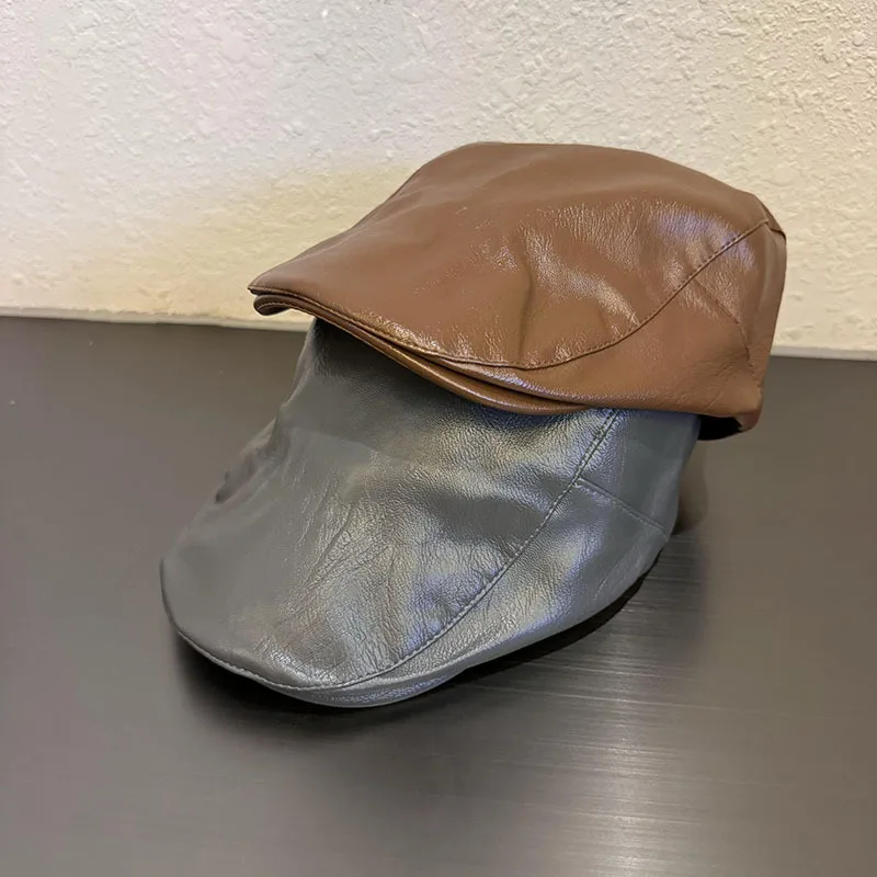 pu leather black beret baseball cap