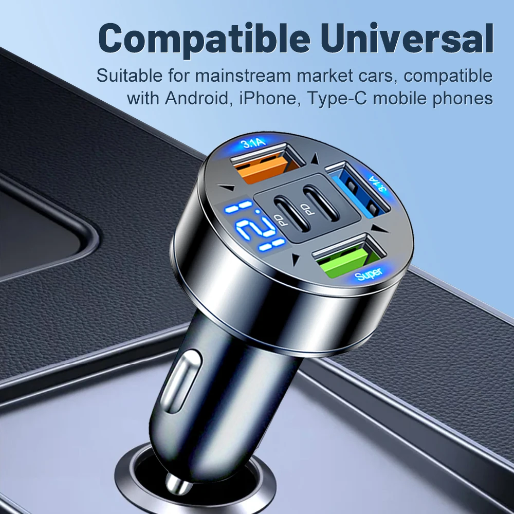 250W 5 Ports Car Charger LED Display Fast Charging PD QC3.0 USB C Car Phone Charger Type C Adapter For IPhone Samsung Xiaomi