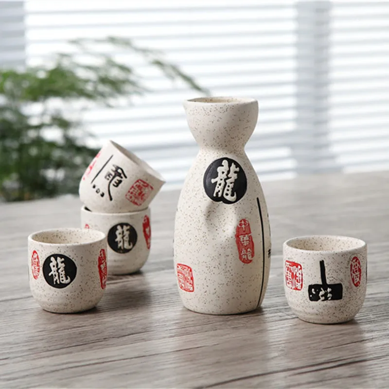 Vintage Ceramic Sake Pot Cups Set Characters PJapanese Cuisine Sake Bottle Spirit Pot Set with Cups Ceramic Sake Set