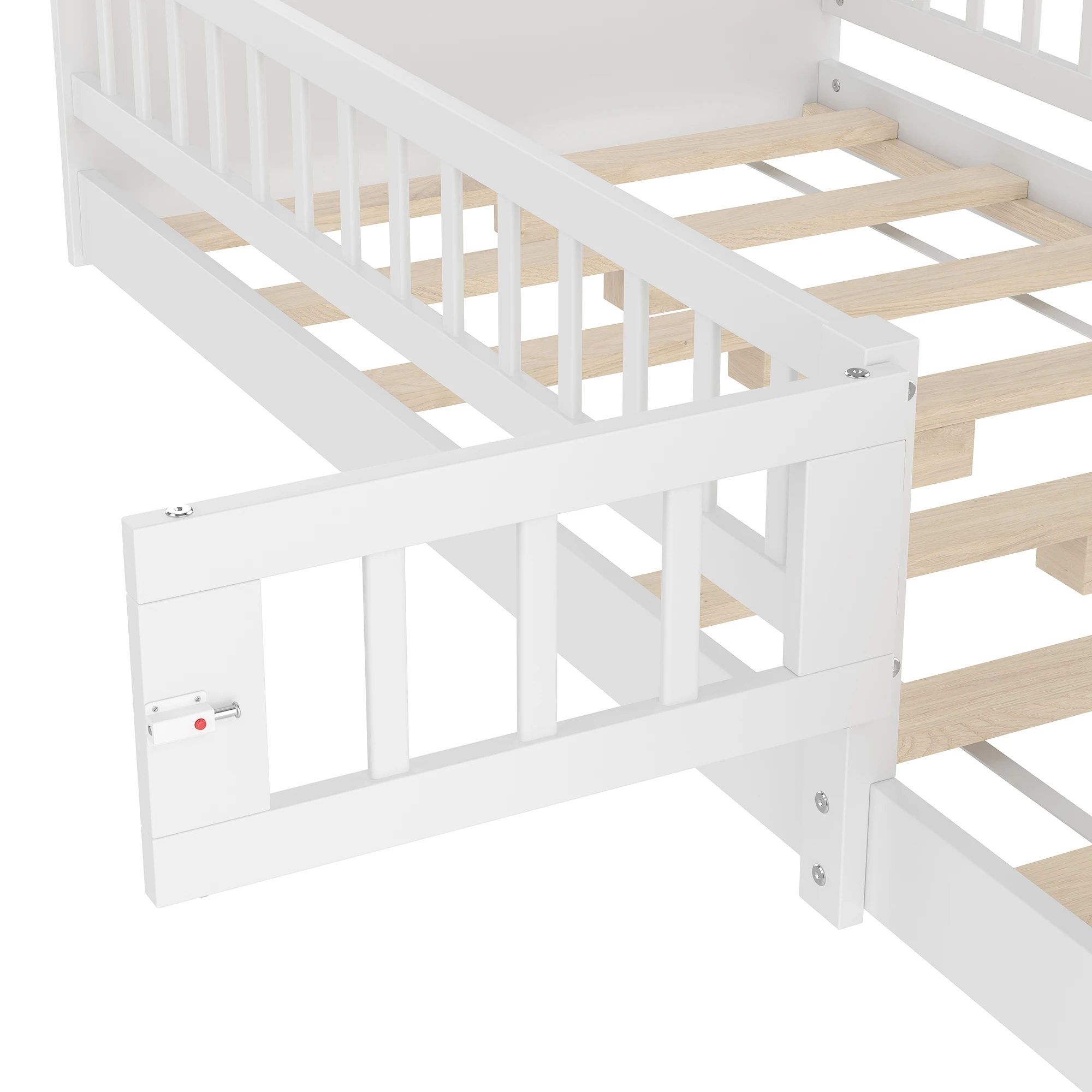 Holzbett, Kinderbett, Kiefernholz, offener Stauraum, Regale, Aufbewahrungsbox, ohne Matratze, weiß – Detail 21