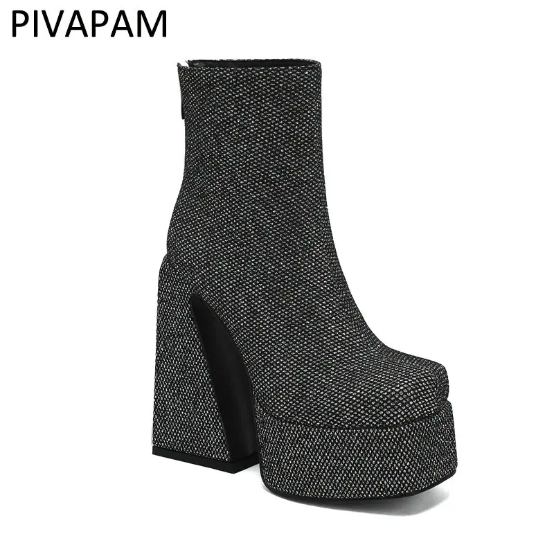 

Womens Crystal Ankle Boots Glitter Sequined Platform Chunky High Heel Punk Boots Square Toe Autumn Winter Boots Woman