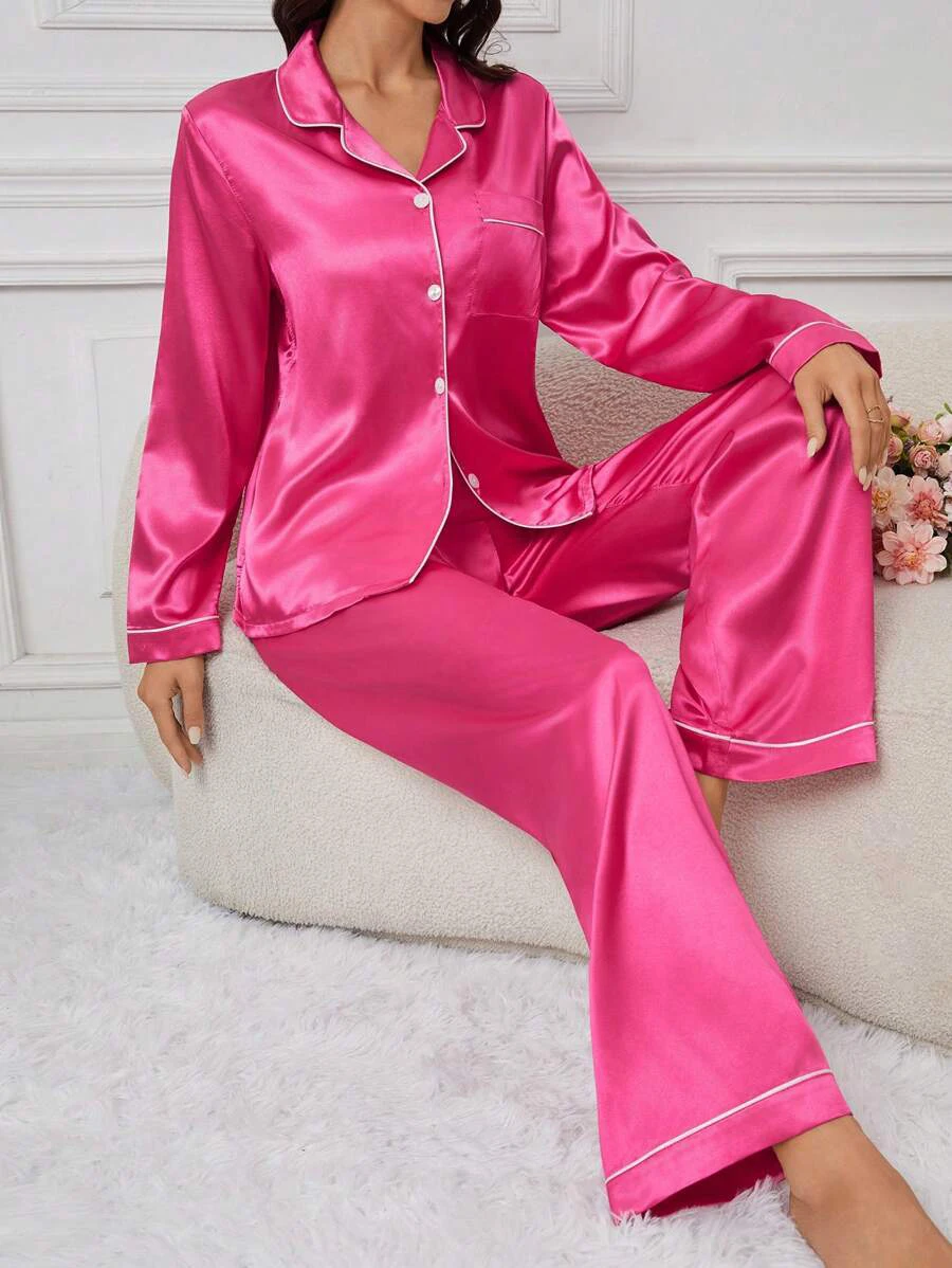 Women's pajamas 2026 Autumn Luxurious Satin Long Sleeve Pajama Set Elegant Lapel Collar Top Long Pants Sleepwear Loungewear