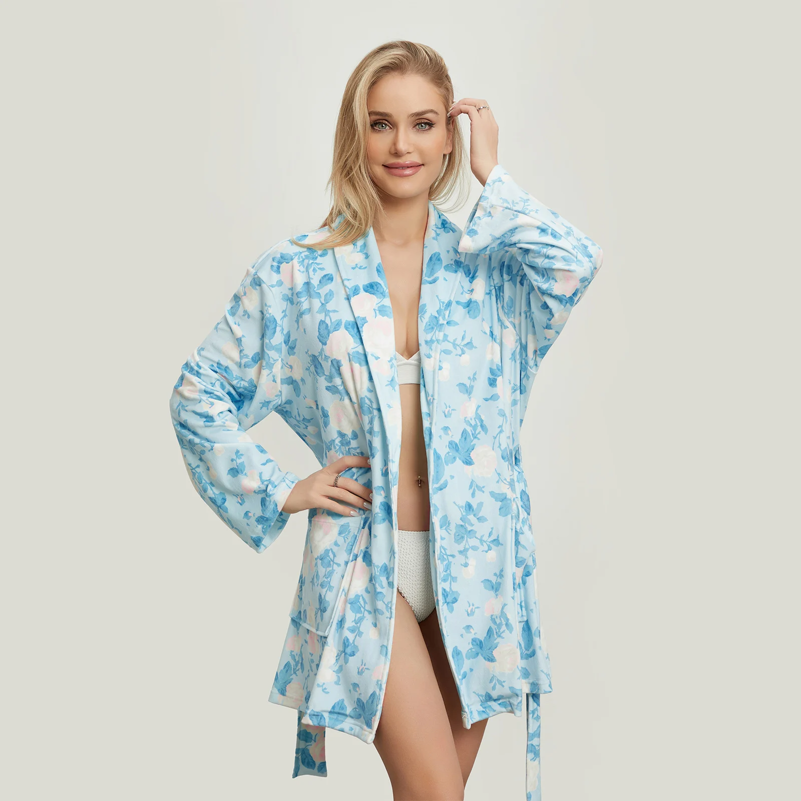 Women's Sleep Robe Spring Autumn Sleepwear Floral Print Long Sleeve Lapel Belted Nightgown with Pockets Bath Robes Loungewear