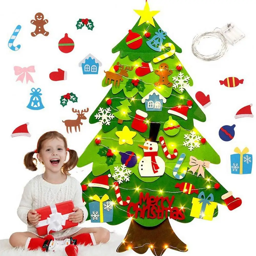 Hanging Christmas Tree for Door Plush Christmas Tree for Kids Montessori Felt Set with Ornaments Lights Kids