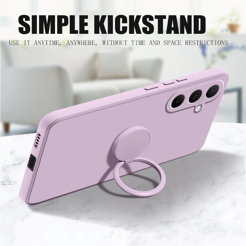 Enhanced Solid Color Silicone Phone Case with Finger Ring Stand Holder and Lens Protection