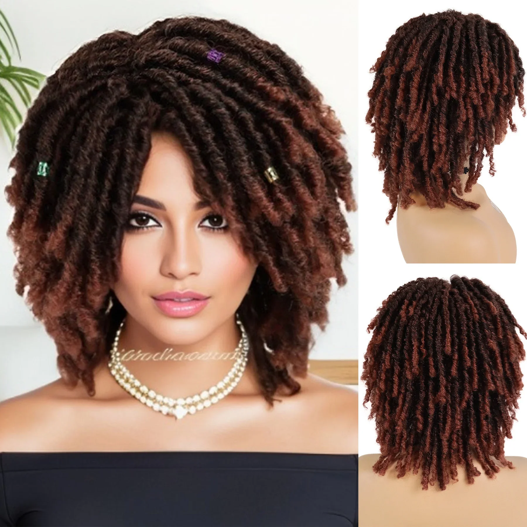 GNIMEGIL Synthetic Curly Braided Wigs for Women Locs Crochet Twist Hair Short Afro Wig Ladies Dreadlock Wig Ombre Auburn Daily