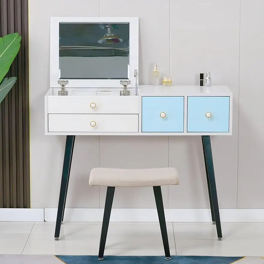 

ANJUR Small Makeup Vanity Desk with Mirror and Stool, Flip Top Mirror Makeup Vanity Table with 3 Drawers Storage, Moder